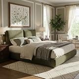Merax California King Size Boucle Fabric Upholstered Platform Bed with Two Removable Pillow Headboard, Wood Bed Frame with Solid Round Legs for Kids Teens Adults, Olive Green