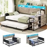 VIAGDO Daybed with Pop Up Trundle, Farmhouse Wooden Full Size Daybed Frame with 3 Storage Drawers and Shelves, Full Daybed with Charging Station and LED Lights for Bedroom, Guest Room, Grey