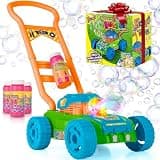Hoopi Extreme Bubble Lawn Mower for Toddlers 1-3, Spill-Proof Kids Bubble Machine with Lights for 2-Year-Old Boy Birthday Gift, Bubbles Blowing Push Toddler Outdoor Toys for Ages 2-4 with 3 Bottles