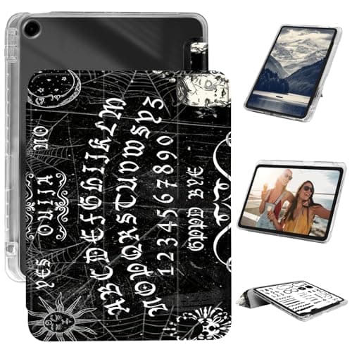 Case for iPad 9th/8th/7th Gen 10.2 Inch 2021/2020/2019, Built in Pencil Holder, Slim Trifold Stand Auto Wake/Sleep Cover, Clear Back Cover + Durable PU Leather Anti-Drop Case, Black Ouija Board