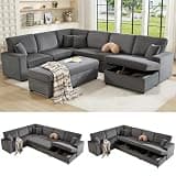 AMERLIFE 129 Inch Sectional Couches for Living Room,Sectional Sofa with Storage & Ottoman,Modular Sectional Couch Converts to Sleeper,Cloud Couch Sectional for Large Space with Corduroy,Grey
