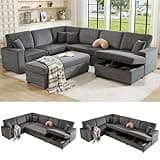 AMERLIFE 129 Inch Sectional Couches for Living Room,Sectional Sofa with Storage & Ottoman,Modular Sectional Couch Converts to Sleeper,Cloud Couch Sectional for Large Space with Corduroy,Grey