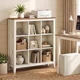VASAGLE Liry Collection Farmhouse Bookcase, 9-Cube Storage Organizer with Legs, Adjustable Shelves, 38.6 x 11.8 x 41.3 in, for Home Office, Living Room, Cloud White and Warm Brown ULBC139W101S
