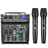 Professional Audio Mixer, 4 Channel Sound Mixer With Dual Wireless Mic, Sound Board Console MP3 Bluetooth 48V Phantom Power USB Interface DJ Mixing for Home Karaoke Party Computer Studio Recording