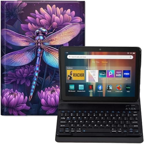 GYSYZJDH Keyboard Case for Fire HD 8 & HD 8 Plus (12th/14th Generation, 2024/2022 Release) – PU Leather Stand Cover with Detachable Bluetooth Keyboard, Dragonfly Design