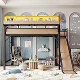 URTR Loft Bed with a Slide, Storage Shelves, and a Closet,Natural:Full
