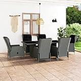 NKOPPFG 7 Piece Patio Dining Set with Light Gray Cushions, PE Rattan and Glass Tabletop, Adjustable Reclining Armchairs