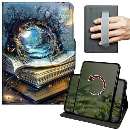 Dikoer Case for Amazon Kindle Fire HD 8 & 8 Plus (12th/10th Generation, 2024/2022/2020), 360 Degree Rotation Lightweight PU Leather Stand Cover with Hand Strap for Women Men, Book Castle