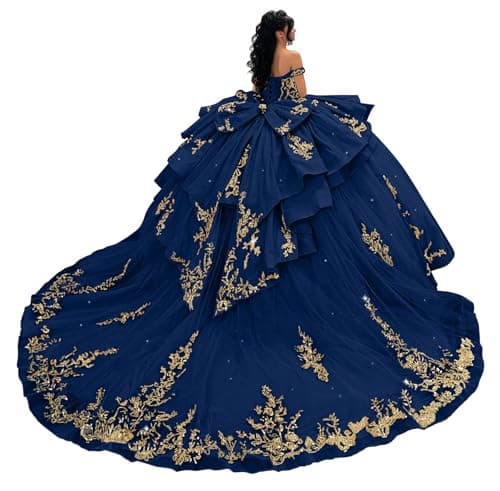 Ftupza Navy Blue Quinceanera Dress with Bow Tassel Gold Appliques Ball Gown Layered Tulle Sweet 16 Dress Beaded Vestido De 15 Años 0