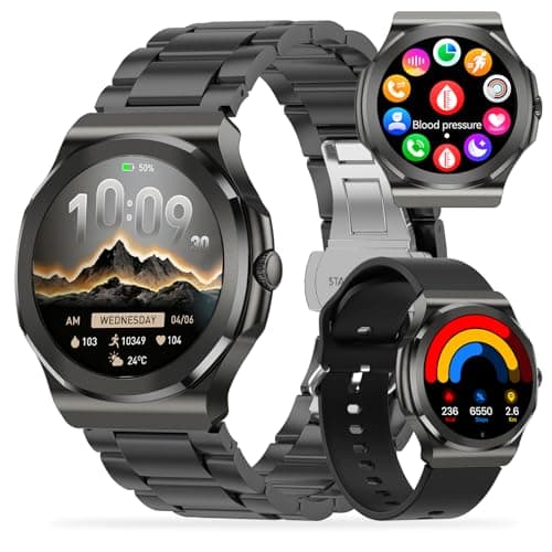 KALPADIVES Smart Watch for Men Women, 1.27" HD Fitness Tracker with Bluetooth Calling/Heart Rate/Sleep Monitor/100+ Sport Modes, Stainless Steel+Silicone Band for Android iOS (Black)