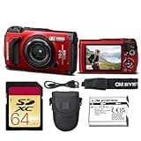 OM SYSTEM Tough TG-7 Digital Camera Bundle (Red) | 12MP BSI CMOS Sensor, f/2 Lens, 4K Video, Waterproof, Shockproof & Freezeproof | Great for Outdoors & Underwater (V110030RU000) + 64GB Card + Case