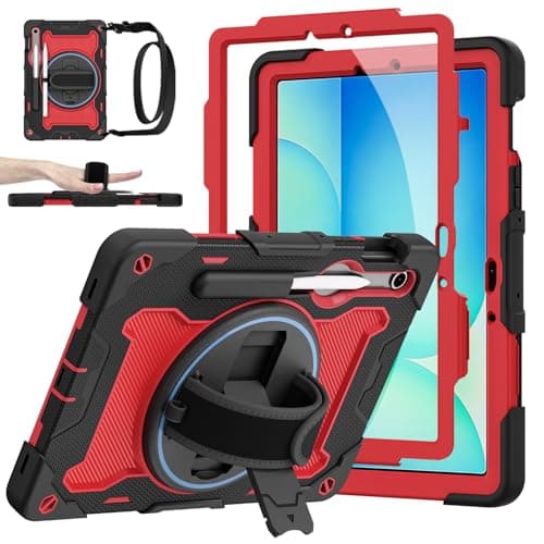 Galaxy Tab S10 Lite/S10 FE/S9 FE 5G/S9 Case 10.9"/11" with MIL-STD-810G Protection, 360° Rotating Strap, Kickstand, Screen Protector, S Pen Holder, Kid-Friendly, Red/Black