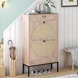 Brafab Shoe Storage Cabinet with 2 Flip Drawers&1 Small Drawer, Slim Entryway Shoe Organizer with Half Round Woven Rattan Doors for Sneakers…