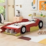 Merax Race Car Bed Frame Twin Size for Boys, Wood Car-Shaped Platform Bed with Wheels, Red