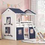 Full Size Bunk Wood House Bed with Elegant Windows, Sills and Tent, Blue+White