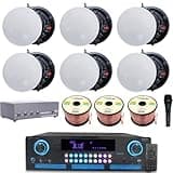 Vaiyer Complete Sound System Kit - 2000 W Bluetooth Amplifier w/ 6 Qty of 8" Frameless Ceiling Speakers 300W Each, 4-Ch Speaker Selector, Mic, 300 ft Speaker Wire & Remote for Home, Office, Bar