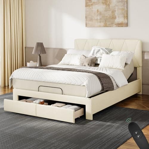 Softa Queen All-in-One Adjustable Bed Frame with 10" Hybrid Mattress, Upholstered Headboard, 2 Storage Drawers, Wired Remote, Quiet Motor, 10-Year Warranty