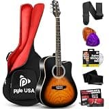 Pyle Acoustic Guitar Kit, Full Size 41" Steel String Cutaway with Ashtree Top, Open-Poured Matte Finish, Premium Accessory Set Armored Gig Bag, Strap, Strings, Picks, Sunburst Matte
