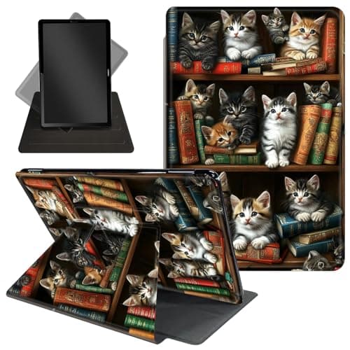 Case for All-New 7'' Kindle Paperwhite 12th Gen 2025/2024 & Kindle Colorsoft Signature Edition - 360 Degree Rotating Stand Tablet Case with Auto Wake/Sleep for Kids,Vintage Bookshelf and Cats