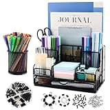 BCCICE Desk Organizers Caddy and Accessories with 7 Compartments + Pen Holder / 72 Clips Set, Drawer, Black Mesh Office Supplies Desktop Organizer for Home, Office Ect