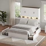 Queen Size Bed Frame with Bookshelf, 4-in-1 Bed with Storage Cabinet & Nightstand, LED Headboard with Charging Station, Wooden Platform Bed with Drawers for Bedroom, White