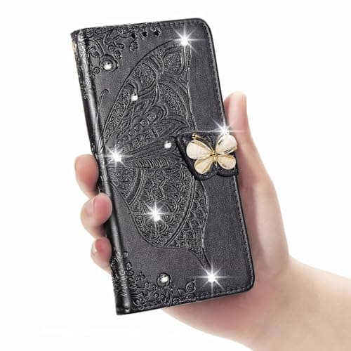 ZXL Black Flip Wallet Case for Xiaomi15 3D Bling Butterfly Embossed Folio PU Leather with Magnetic Closure Credit Card Slots Holder/Lanyad Phone Cover for Women