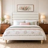 Brafab Cloud Full Size Bed Frame, Boucle Upholstered Platform Bed with 50.3" Tall Wavy Headboard, Solid Wood Legs, Soft Rounded Footboard, No Box Spring Needed, Easy Assembly, Beige