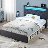 Rolanstar Twin Bed Frame with Charging Station, LED Bed with Under Bed Storage, Adjustable Headboard 38.9/40.8 Inches, No Box Spring Needed, Noise Free, Easy Assembly, Grey