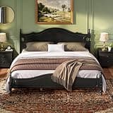 berawary Gothic Bed Frame King Size with Vintage Headboard, Retro Style Wooden Platform Beds with Wood Slat Support, Black Wood Bed Frame King for Bedroom Guest Room, Easy Assembly, Black