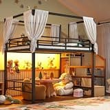 KEIKI Full Size Metal Loft Bed Frame with with Canopy Frame & Storage Staircase & Wardrobe, Modern Loft Bed with Solid Slats & Guardrail, No Box Spring Required, Easy Assembly, for Bedroom, Black