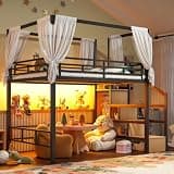 KEIKI Full Size Metal Loft Bed Frame with with Canopy Frame & Storage Staircase & Wardrobe, Modern Loft Bed with Solid Slats & Guardrail, No Box Spring Required, Easy Assembly, for Bedroom, Black
