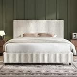 AMERLIFE Full Bed Frame, Upholstered Metal Platform Bed with Vertical Channel Tufted Headboard, Soft Fabric & Strong Metal Slats, Noise-Free/Easy Assembly, White Full Upholstered Bed and Headboard