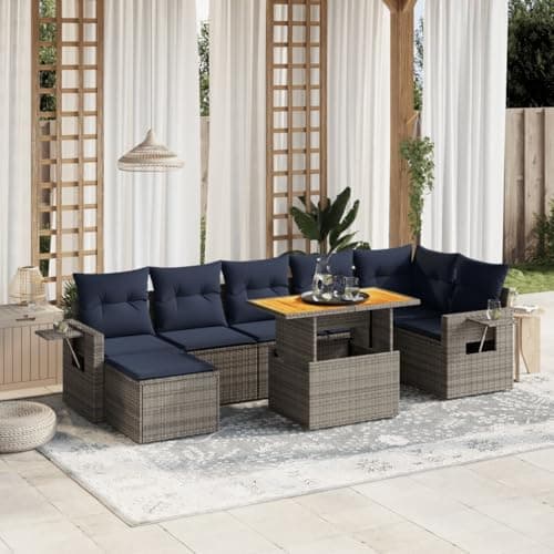 YELWHI 8 Piece Gray Poly Rattan Patio Sofa Set, Outdoor Sectional Furniture with Cushions, Adjustable Dining Table, UV-Proof for Garden Balcony