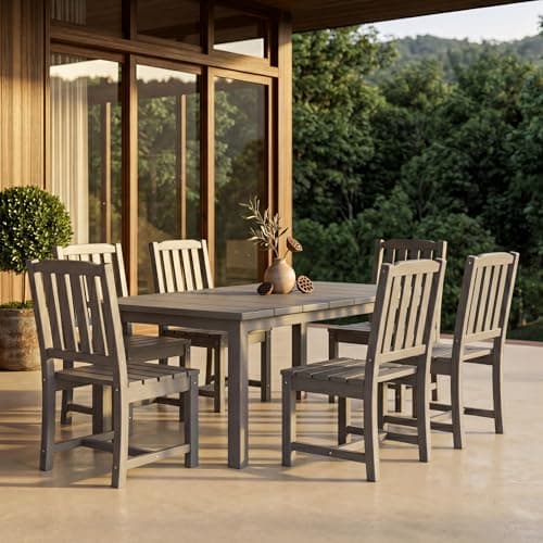 Patio Kingdom Perli™ 7-Piece Outdoor Dining Set, All-Weather HDPE Patio Table and 6 Chairs with Umbrella Hole, UV-Resistant Composite Wood Dining Furniture for Deck, Backyard, Poolside, Grey