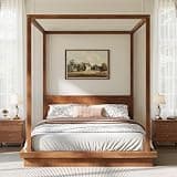 LUMISOL Queen Size Wooden Canopy Bed Frame with Headboard, Wood Floor Canopy Platform Bed Design with Wood Slat Support, No Box Spring Needed, Brown