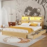 OYUMOENTS Queen Bed Frame with Storage Headboard and Drawers, Wood Queen Size Platform Bed Frame with LED Light and Socket, Pull-Out Storage Cabinet, No Box Spring Needed, Natural