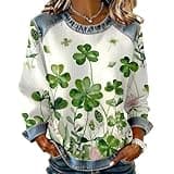 ayattecy Women’s St. Patrick’s Day Long Sleeve Shirt, Shamrock Print Denim Look Patchwork Blouse Festive Crewneck Green Top