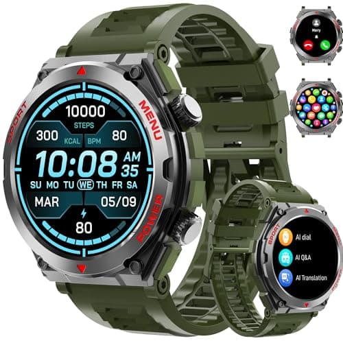 Bvlrksc Military Smart Watch for Men with AI Q&A (Answer/Make Call/SMS Reply), 1.52" HD Smartwatch for Android Phones/iPhone, 100+ Sport Mode Fitness Tracker with HR, SpO2, Sleep Monitor (Green)