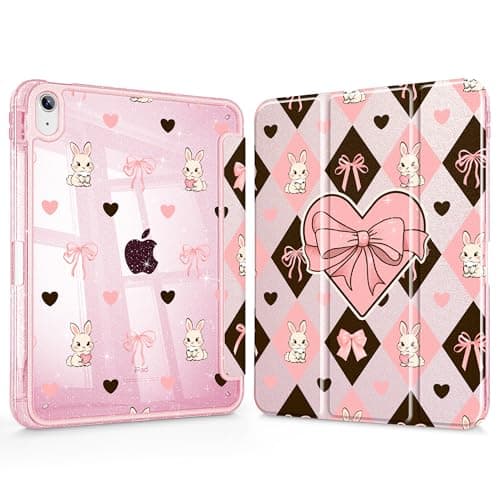Mektron Glitter Case for 2025 iPad 11-inch A16 chip 11th Gen Fit 2022 iPad 10th Gen 10.9'', Sparkly Slim Cover with Shiny Clear Back Shell Foldable Bling Smart Cover - Cute Rabbits Bows