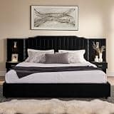 VMU Luxury King Size Bed Frame with Oversized Curved Nailhead Trim Headboard, Modern Velvet Upholstered Platform Bed with Built-in Nightstands and Reading Lights, No Box Spring Needed, Black