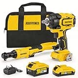 ALLOY POWER 1/2'' Brushless Impact Wrench 516 ft-lbs(700 Nm) and 3/8'' Cordless Ratchet Wrench 44 ft-lbs (60 Nm),20V Wrench Combo Set, with Variable Speed, LED Light, 4.0Ah &2.0Ah Battery, Charger