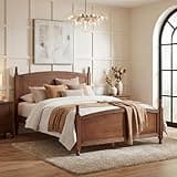 Merax Queen Size Mid Century Bed Frame with Headboard and Footboard, Solid Wood Queen Bed Frame with 4 Poster Design and Wood Slats Support, No Box Spring Needed, Walnut