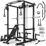 JELENS C12 Squat Rack for Home Gym, 2000LBS Power Rack with Adjustable Pulley System, Power Cage Workout Equipment with LAT Pulldown and Training Attachment (Black, Home Gym Package)