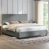 AMERLIFE King Bed Frame, Upholstered Metal Platform Bed with Vertical Channel Tufted Headboard, Soft Fabric & Strong Metal Slats, No Noise Easy Assembly, Grey King Upholstered Bed and Headboard