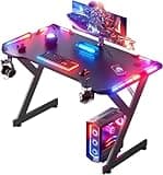HLDIRECT 40 INCH Gaming Desk with LED Lights, Home Office Gamer Desk, Ergonomic Computer Table with Large Carbon Fiber Desktop, Office Workstation, Cup Holder & Headphone Hook, Black