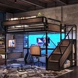 KEIKI Queen Size Metal Loft Bed Frame with Staircase & Built-in Desk & Wardrobe, Loft Bed with Pegboard & Mesh Storage Baskets & Slats, No Box Spring Required, Easy Assembly, for Bedroom, Black