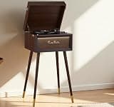 Vintage Record Player with Stand, Bluetooth Turntable with Built-in 4 Speakers, 3-Speed 3-Size Vinyl Record Player, USB/FM/Remote/Headphone/RCA Jack, Wood Brown