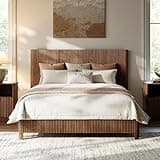 Evermagin Walnut Queen Bed Frame with Headboard, Mid Century Modern Fluted Platform Bed, Boho Wooden Bed Base No Box Spring Needed, Wavy Grooved Panel