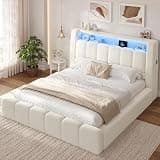 ADORNEVE Full Size Cloud Bed Frame, Upholstered Boucle Bed Frame with Headboard, LED Lights & Charging Station, Thickened Foam Cushioned, Rounded Corners Design & Easy Assembly, Cream White