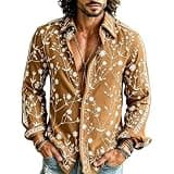 Mens Hippie Floral Button Down Shirt Plus Size 70s Disco Floral Long Sleeve Printed Casual Party Dress Shirts Orange